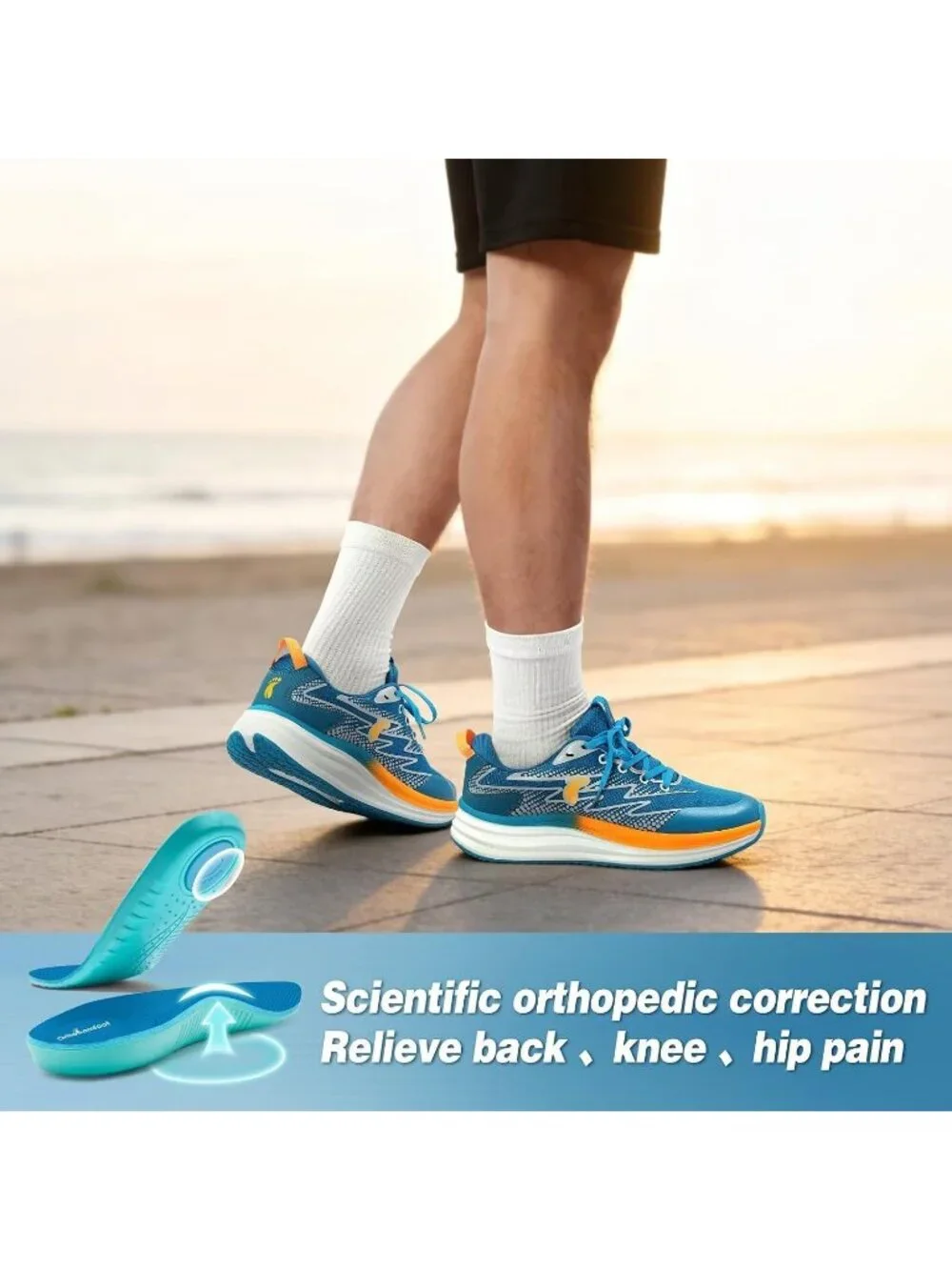 OrthoComfoot Men's Blue Orange Rubber Sole Comfortable Hiking Athletic Shoes